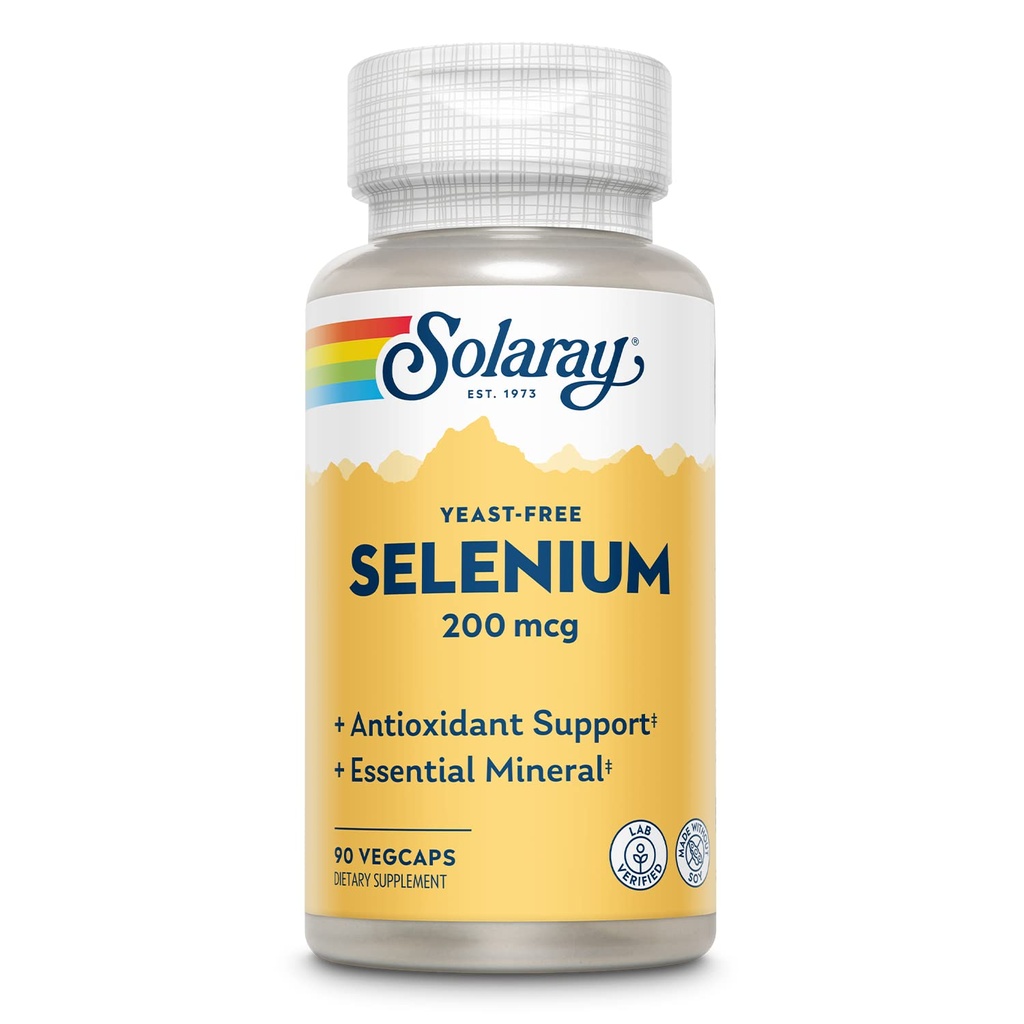 Solaray Kvasnica bez selénu 200mcg, Selén Kapsule od Zdravá funkcia štítnej žľazy a imunitná podpora, Dodatok k vysokej absorpcii, Vegan, 90 Servings, 90 VegCaps