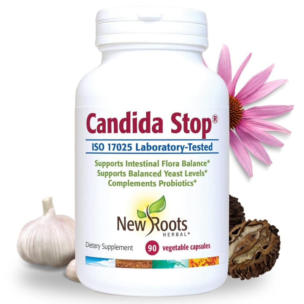 NEW ROOTS HERBAL Candida Cleans Detox Supplement (90 Kapsule), Stop Candida Overgrowt, Support Balanced Intestinálna Flora & Kvasnica Balance with 11 Potent Herbs + Probiotiká, Digestion Relief