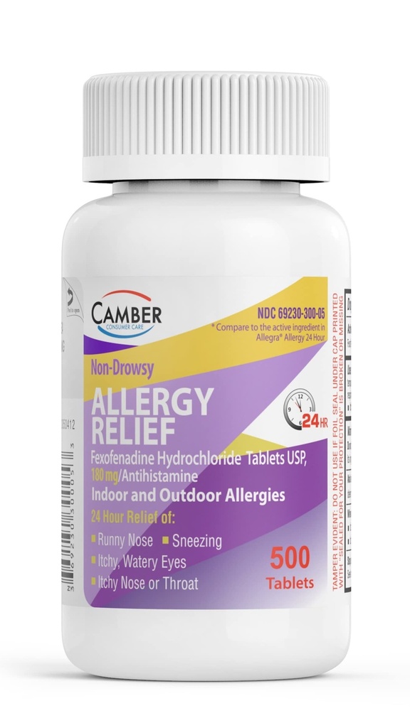 Camber 24 Hrs Non-Drowsy Fexofenadín Antihistaminikum Vnútorné vonkajšie alergické tablety 500 Počet Rodinná veľkosť