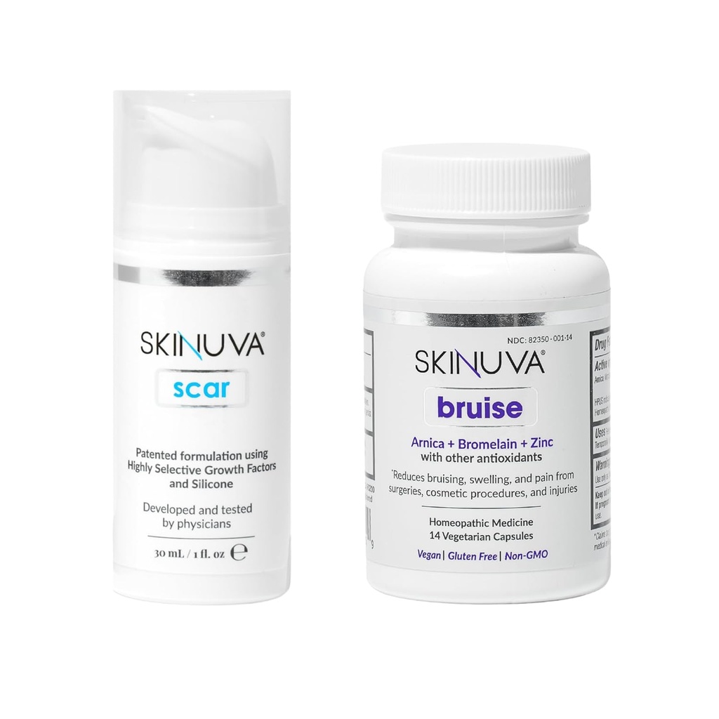 Skinuva® Jazva (1 oz) & Bruise (14 kapsúl) - Advanced Silikónový krém Formulovaný s rastovými faktormi & Homeopatické Bruise Remedy Formulované s Arnica, Hypromelóza & Zinok