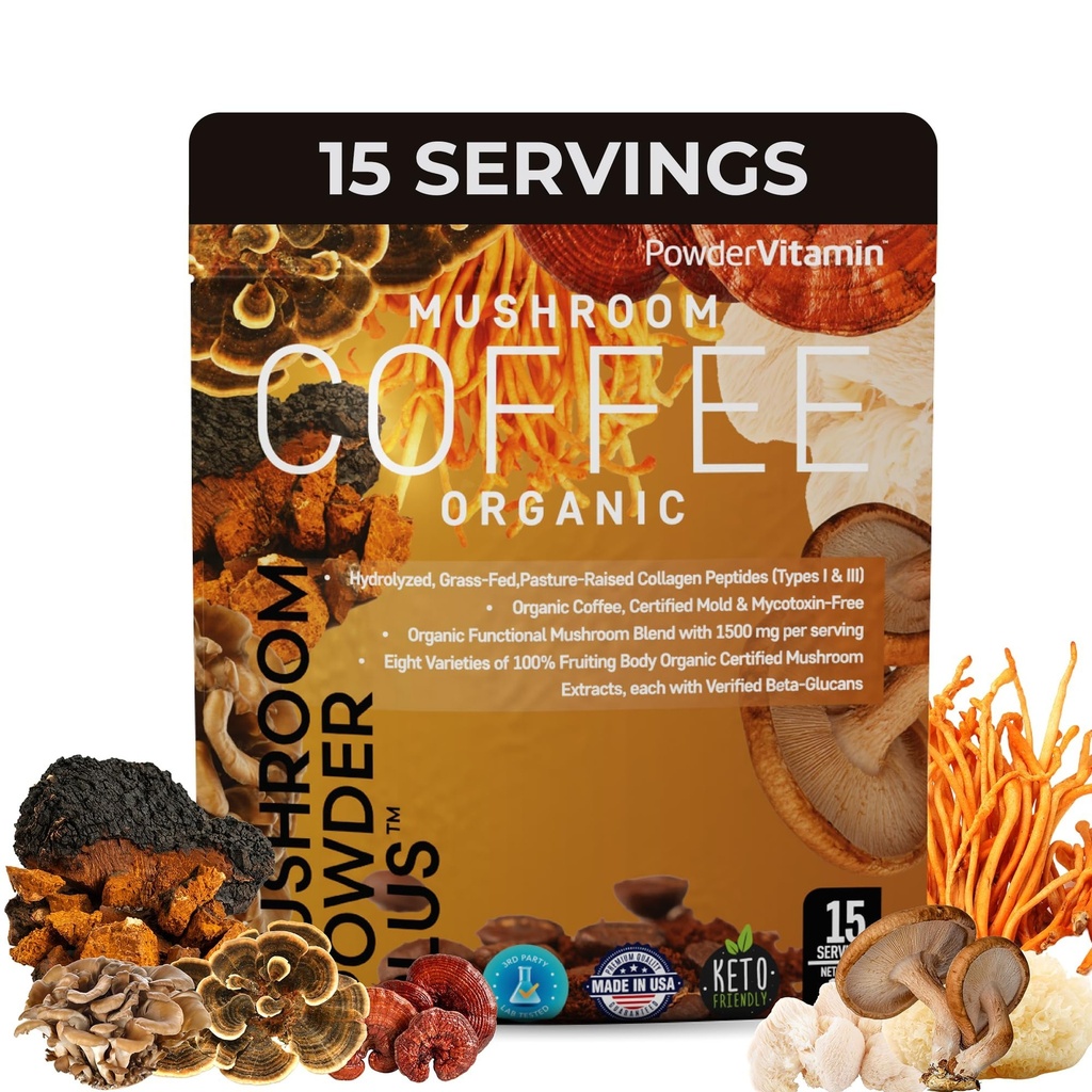 Powdervitamin Organic Mushroom Certified Mold & Mycotoxín Free GrassFed kolagén Typy I & III 8 Plodové telové huby testované na BetaGlucans Focus Energy Digestion & Imunity 15 Serviv