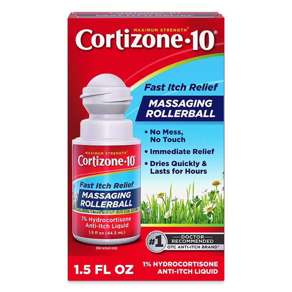Cortizone-10 Maximálna sila Svrbenie Relief Masážny rollerball, 1% Hydrokortizón, Fast-Acting, Anti-Itch Liquid pre Bug Bites, Vyrážka, Ekzém, Psoriáza, Poison Ivy, Oak, Sumac, 1.5 fl. oz