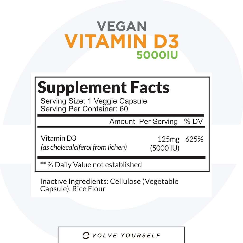 Vegan Vitamín D3 5000 IU Supplement - Pure, High Potency D3 Vitamín 5000 IU Supplements for Immune Health & Strong Bones Support - 120 Kapsule, Providing a 2-Month Supply of VIT D3