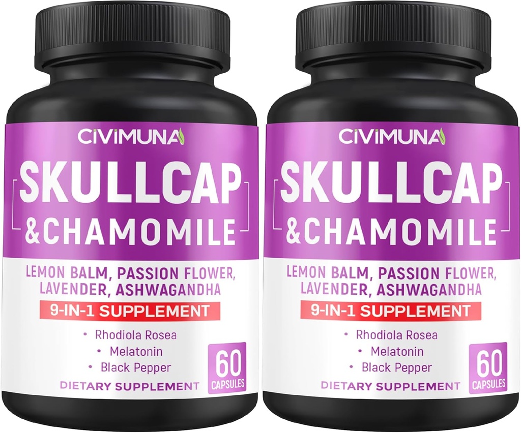 Skullcap Kapsule s Skullcap, harmančeka, citrónového balzamu a viac - 120 Kapsule na 4 mesiace Zásobovanie (Obsah 2)