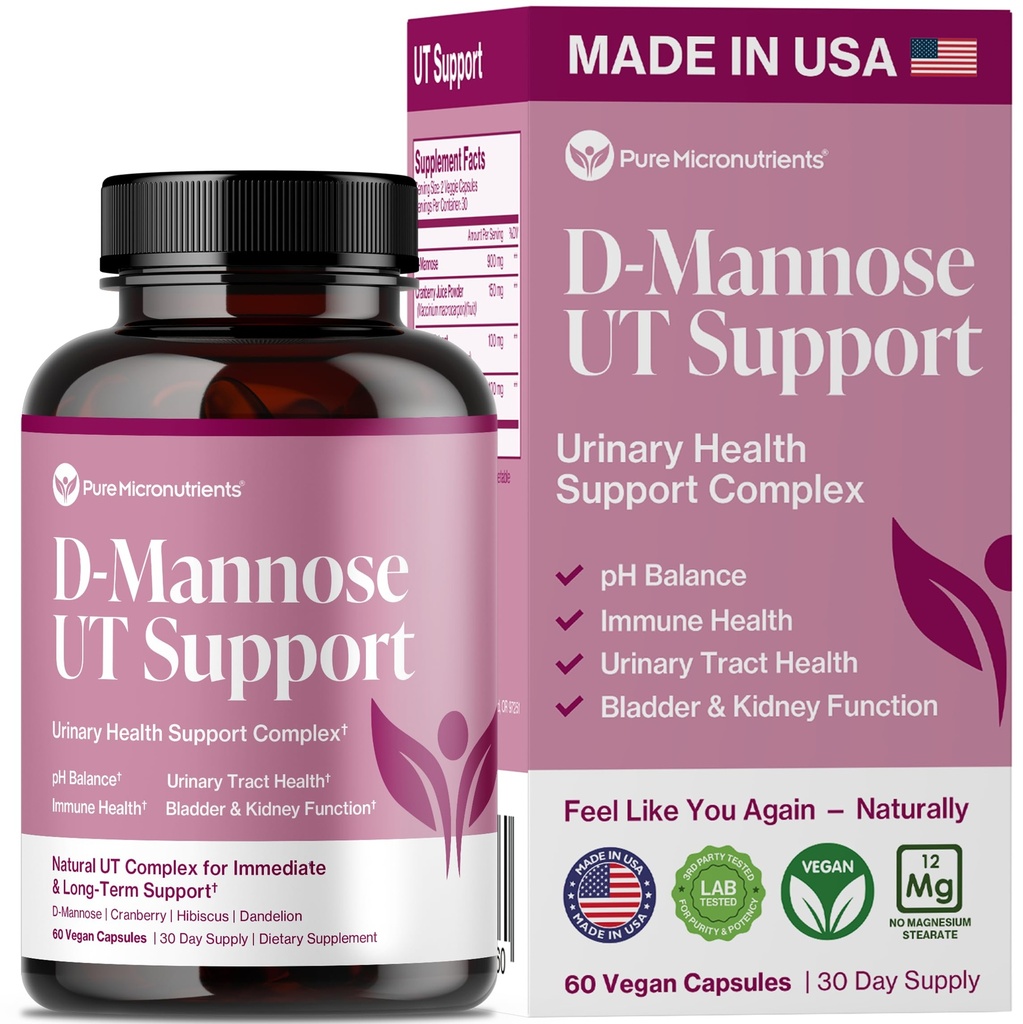 Pure D Mannose Kapsule 1000mg Per Serve - Rýchle Acting UTI Support - Urinary Tract Cleanse & Bladder Health - Cranberry, D- Mannose, Dandelion, Hibiscus Flower - 60 Veggie Caps