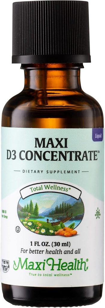 Maxi Health Vitamín D3 koncentrát - 1000 IU na kvapku - Dietetický doplnok - podporuje vstrebávanie vápnika, imunitné zdravie a zdravie kostí u dospelých žien a mužov (1 fl oz)