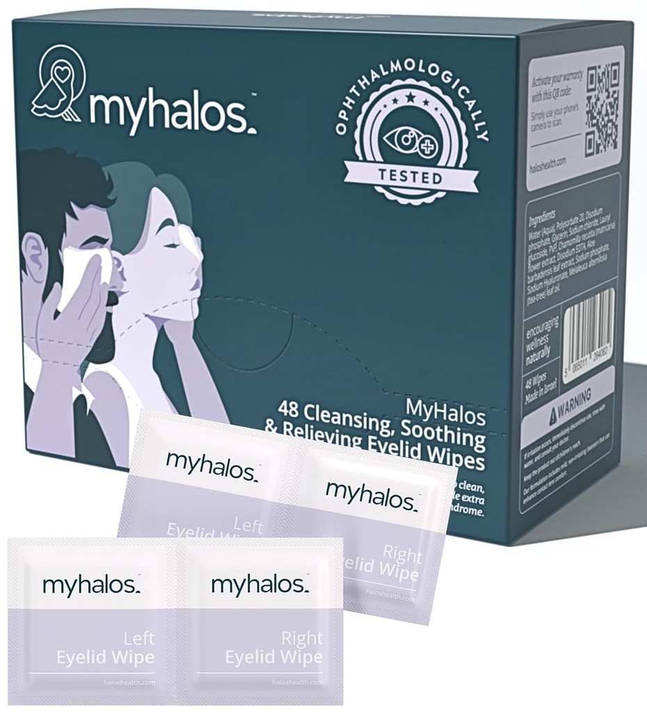 MyHalos® 48 Hydratačné očné viečka na úľavu od suchého oka - Hydratačné a upokojujúce očné utierky s čajovým stromom - Pomáha s Blefaritídou a počítačovým zrakovým syndrómom, Blefaritída Liečba očných viečok, Čistič