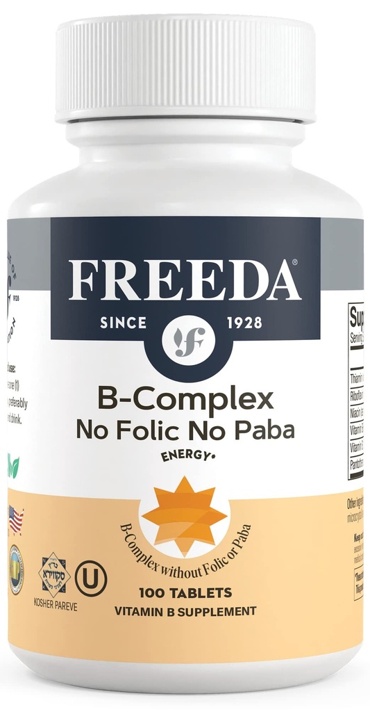Freeda vitamín B komplex č. PABA - Super B komplex Kosher vitamín doplnok s vitamínom B1 vitamín B2 vitamín B3 vitamín B5 vitamín B6 vitamín B12 - komplex B vit B pre ženy a mužov (100 Ct)
