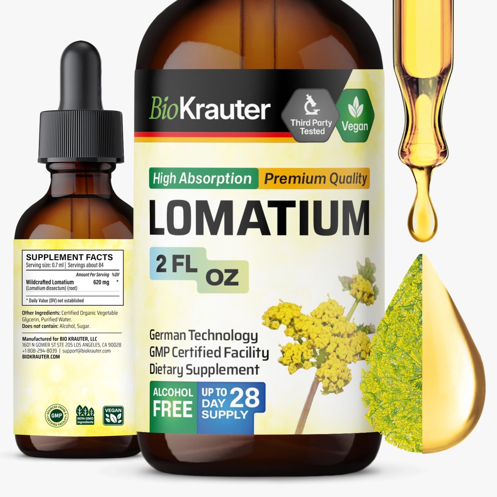 BIO KRAUTER Lomatium Root Tinture - Vegan Respiratory Suplement - Lomatodium Dissektum Liquid Extract - Alkohol & Sugar Free - 2 Fl.Oz.