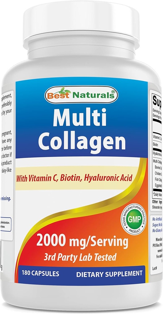 Najlepšie Naturals Multi Collagen Pills 2000mg pre Ženy a mužov - Hydrolyzované Kolagén Peptidy Kapsule pre vlasy Koža a nechty s typmi I II III V X, Biotín, Kyselina hyalurónová a vitamín C
