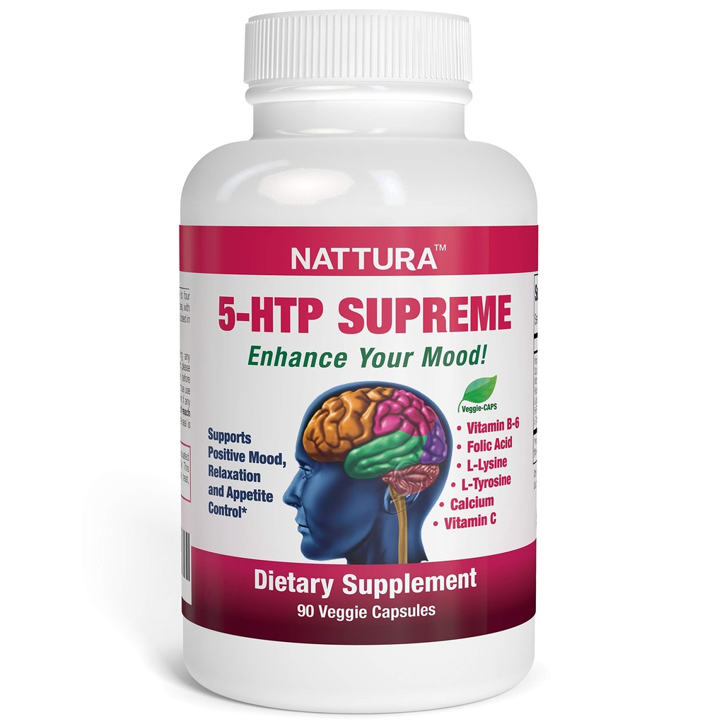 Nattura 5-HTP Supreme - pre pozitívnu náladu, relaxáciu a kontrolu chuti - s 5-HTP, L-tyrozín, L-lyzín, vitamín B6, folát (kyselina listová), vitamín C (kyselina askorbová), vápnik - 90 kapsúl