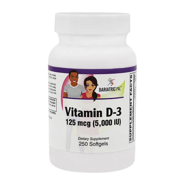 BariatricPal Vitamín D-3 125mcg (5000 IU) - Ľahké prehltnutie Vegetariánske mäkké kapsuly (250kt fľaša)