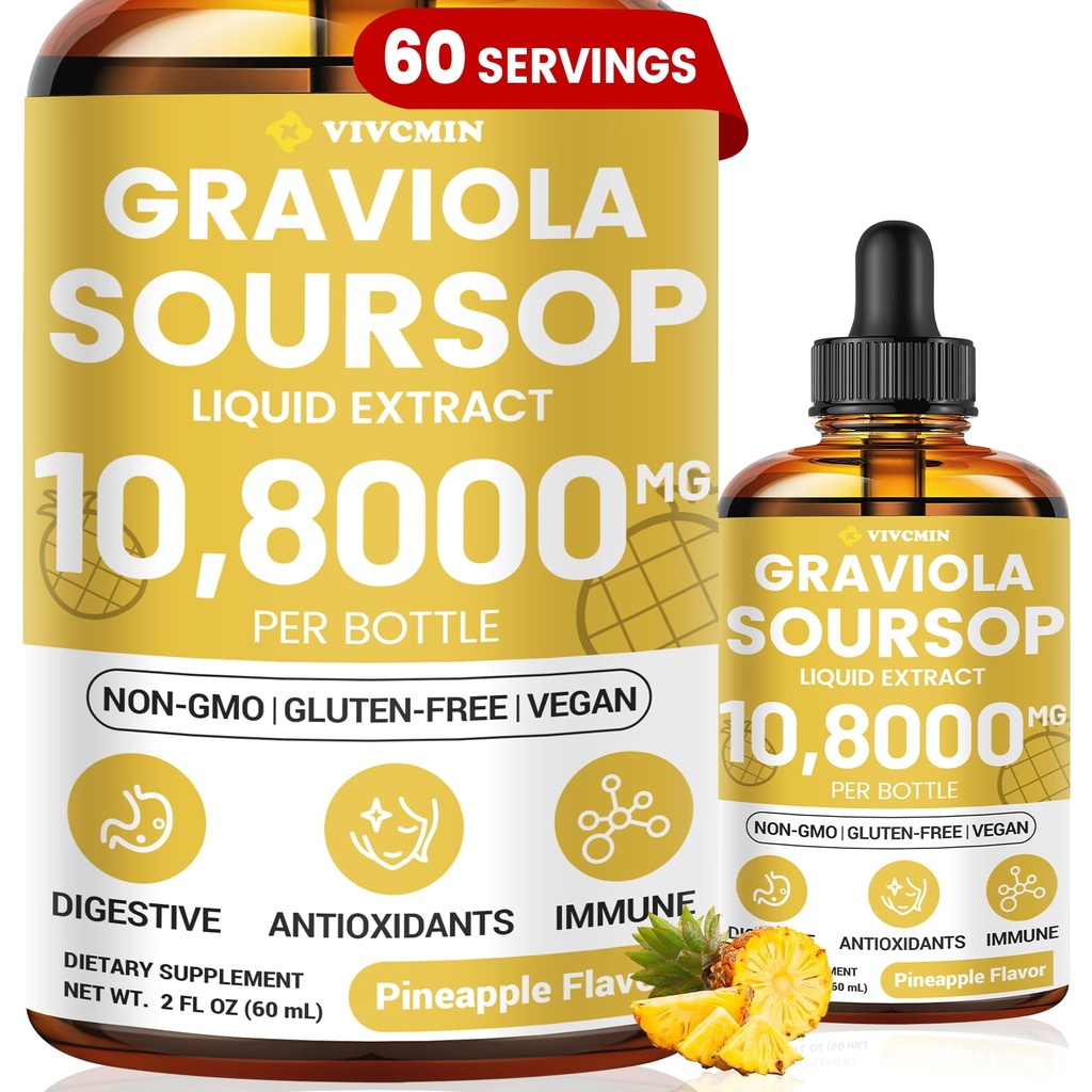 Graviola Soursop Leaf Extract Liquid - Soursop Bitters Liquid, Support Immune, Relax, Pečeň a spánok, Bez cukru a alkoholu, Highly Absorbable Formula, Ananás Flavor, 2 Fl Oz