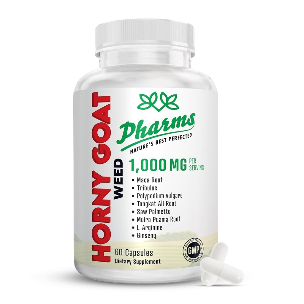 PHARMS Hornygoatweed od Muži a ženy (1 000 mg) - Energy & Stamina Kapsule s Maca Root, Tribulus, Tongkat Ali, Saw Palmetto & Ginseng - Ženská a mužská výkonnosť Zvýšenie doplnok - 60 Kapsule