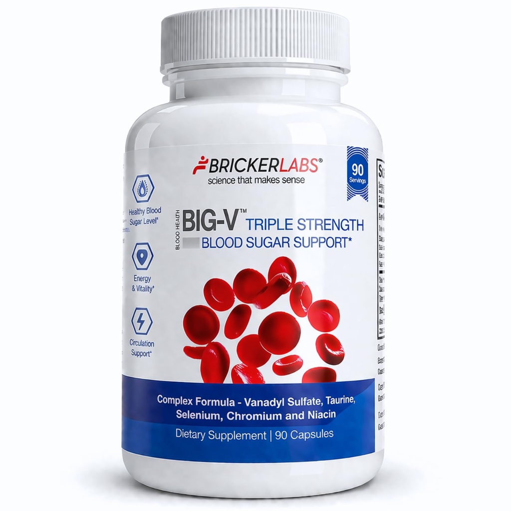 Bricker Labs Big- V Triple Sila Vanadyl doplnok: Vanadyl Sulfate 30 mg, Taurín 600 mg, selén, chróm a niacín, zmesové minerálne doplnky kapsule 90 ot