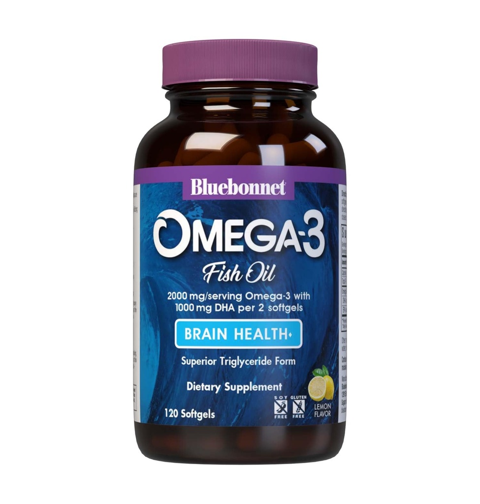 BlueBonnet Nutrition Omega-3 Brain Formula Natural Wild Caught Triglycerid Form DHA 1000 mg EPA 210 mg, Highly Concentrated Cognitive Health & Wellness Suplement, Gluten-Free Softgel, Yellow/Clear, Lemon, 120 Count