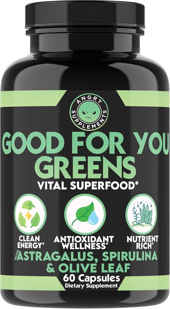Angry Doplnky dobré pre vás zelené, Vital Green Super Food Blend pre imunitnú podporu Booster Formula, Infunded s Spirulina, Astragalus Root, a Olive Leaf Root Extract (1-Bottle)