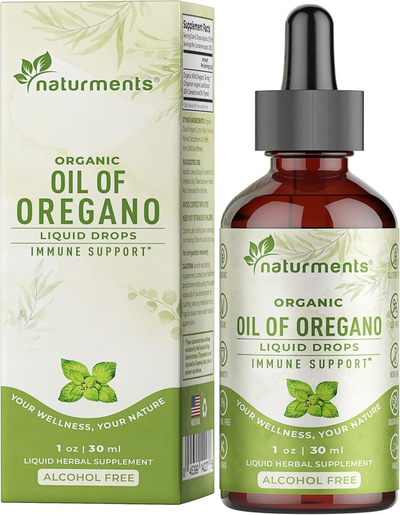 Naturments Oregano Olej kvapky pre imunitnú podporu a zdravie Gut. Vegan, Non-GMO, bez cukru a gluténu bez organického divokého Stredomoria Oregano olej s organickým extra panenský olivový olej - 1 Fl Oz 30 ml