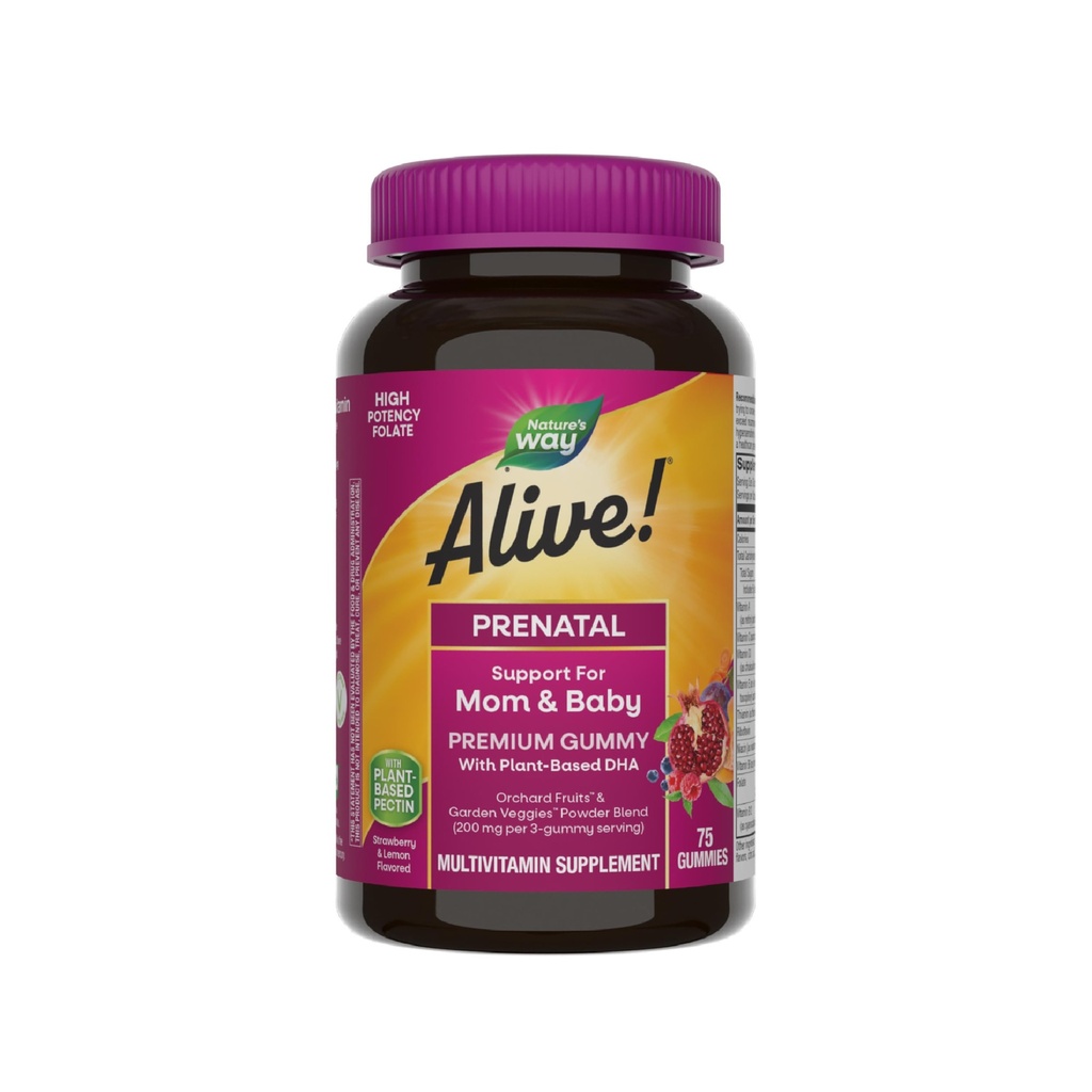 Príroda žije! Prenatálna premium Gummy Multivitamín, High Potency Folát, Plant-Based DHA, Vegetarian, Strawberry and Lemon Ochutené, 75 Gummies