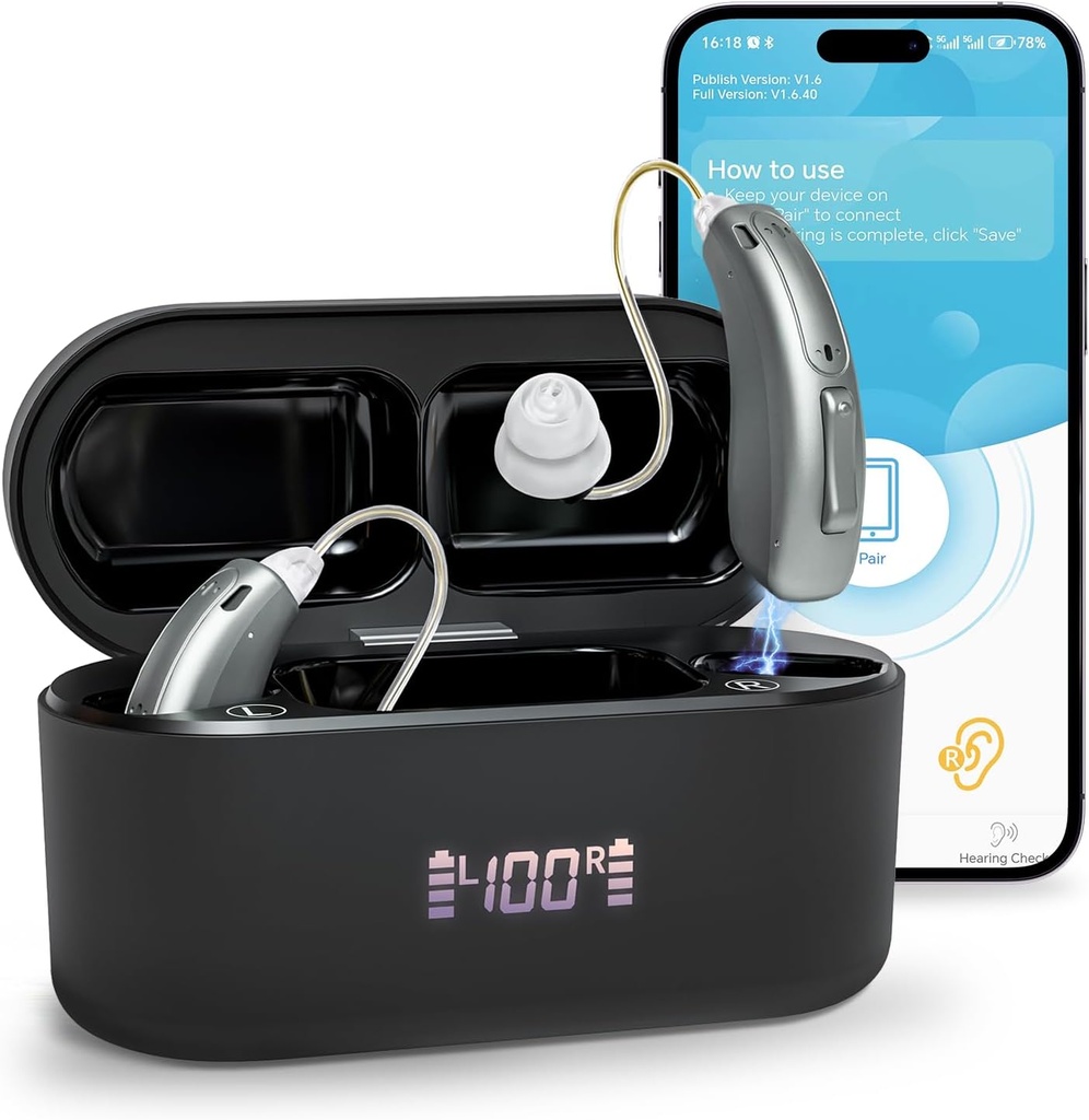 Sluchové pomôcky (nie zosilňovače), Bluetooth Dobíjateľné sluchové pomôcky pre seniorov dospelých, Superior Sound Quality Inteligentná sluchová pomôcka so zrušením hluku, Bluetooth povolené & App Control, 4 režimy
