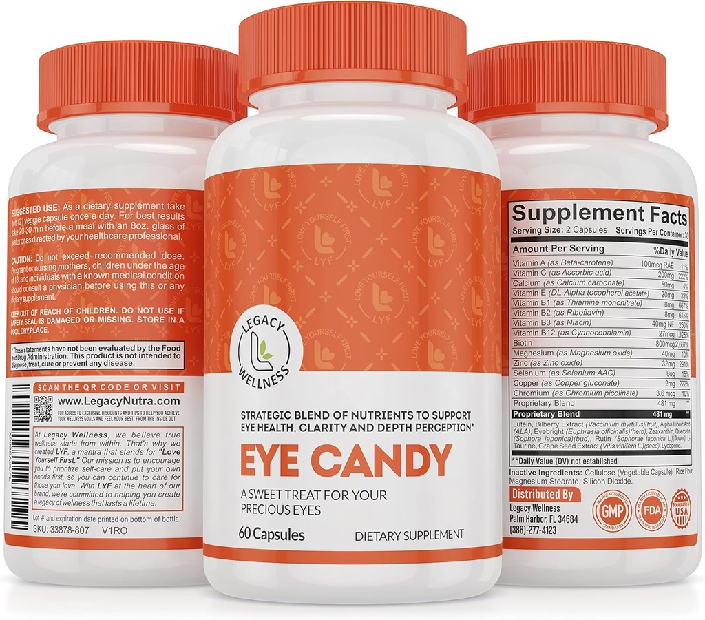 Legacy Wellness očné cukríky očné vitamíny s luteínom, zeaxantínom, vápnikom, biotínom, meďou, zinkovými pilulkami + podporuje vízia zdravie pri starnutí dospelých + kmene oka z príliš veľa času obrazovky, suché očné doplnky