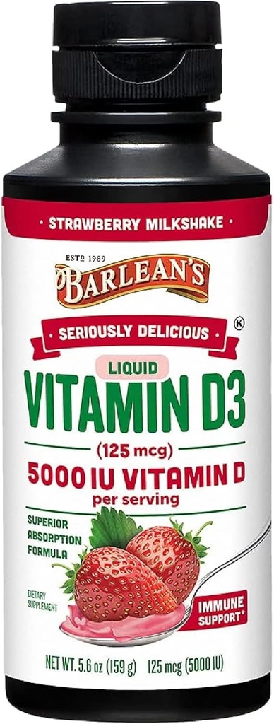 Barleanov tekutý vitamín D, 5000 IU D3, Jahodový mliečny koktail Ochutený pre deti a dospelých, maximálna absorpcia, non-GMO, bezlepkový - 5,6 oz