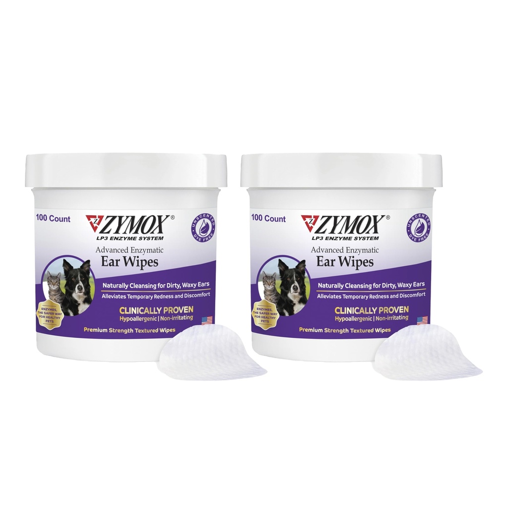 Zymox Advanced Enzymatic Ear Wipes for Dogs and Cats - for Dirty, Waxy, Smradľavé uši - Premium Strength Ear Cleaner Wipes - Non-Inrirating - Hypoalergenic (100 Počet-Pack of 2)