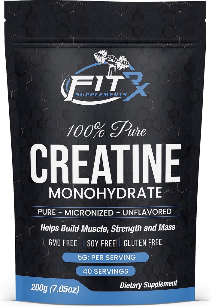FITRxSupplements.com Pure Creatin Monohydrate Powder - Zero Added Ingredients - Žiadne kalórií, 5g na porciu, Unflaved 40 Servings, 200g, Quick Rozpustiť