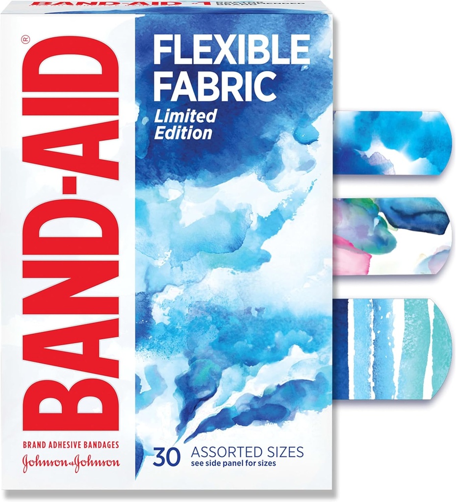 Band-Aid Značka Flexibilné tkaniny adhezívne pásy, Pohodlná flexibilná ochrana a starostlivosť o rany pre menšie rezy a crapy, Prvá pomoc Bandage s vodou farebné dizajn, rôzne veľkosti, 30 ct