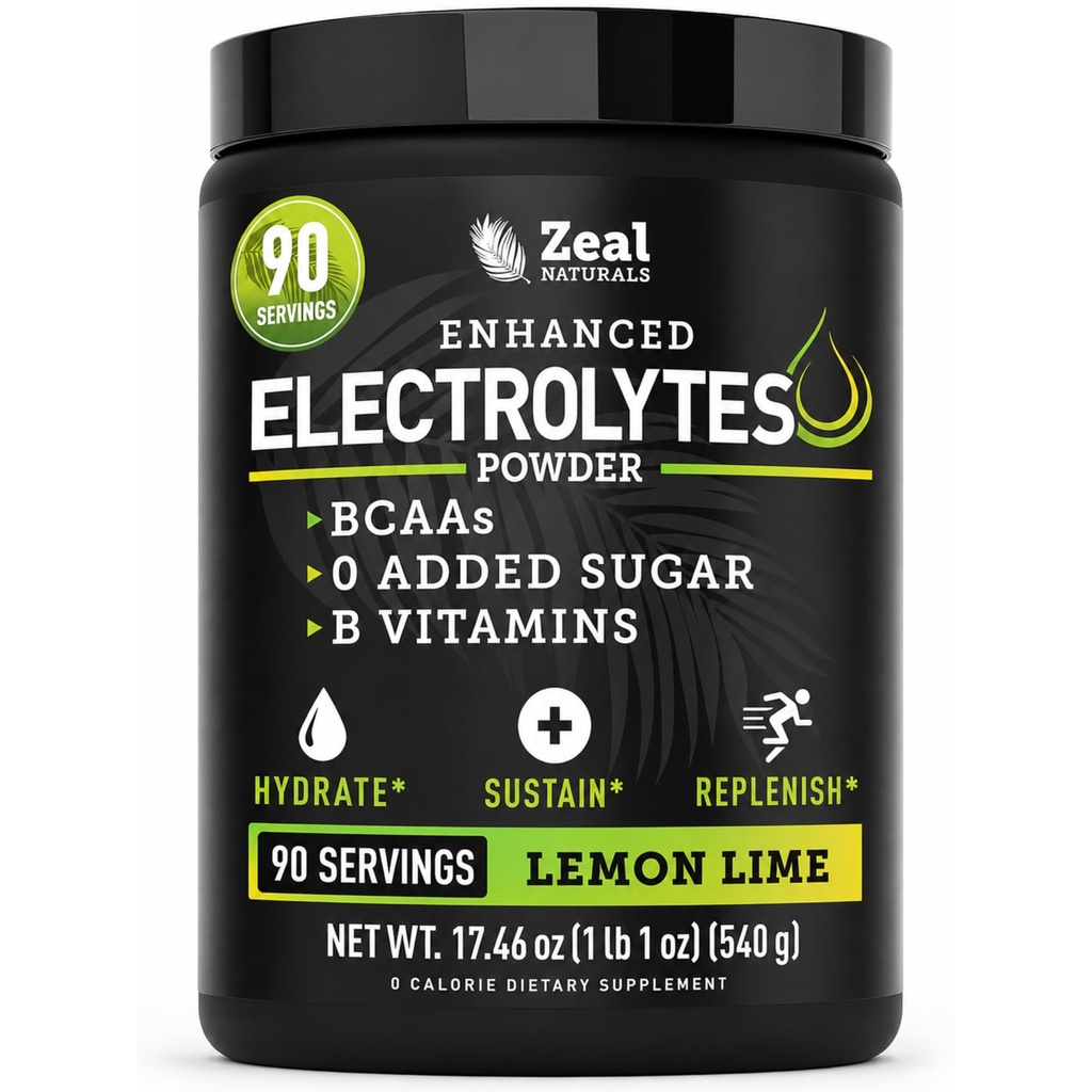 Zeal Naturals Electrolyte Powder Recovery Drink (90 porcií citrónovej vápna) w 0 Cukor +BCAA +B-vitamíny Elektrolyty Supplement w Draslík Zinok a horčík pre hydratáciu - Keto Electrolytes