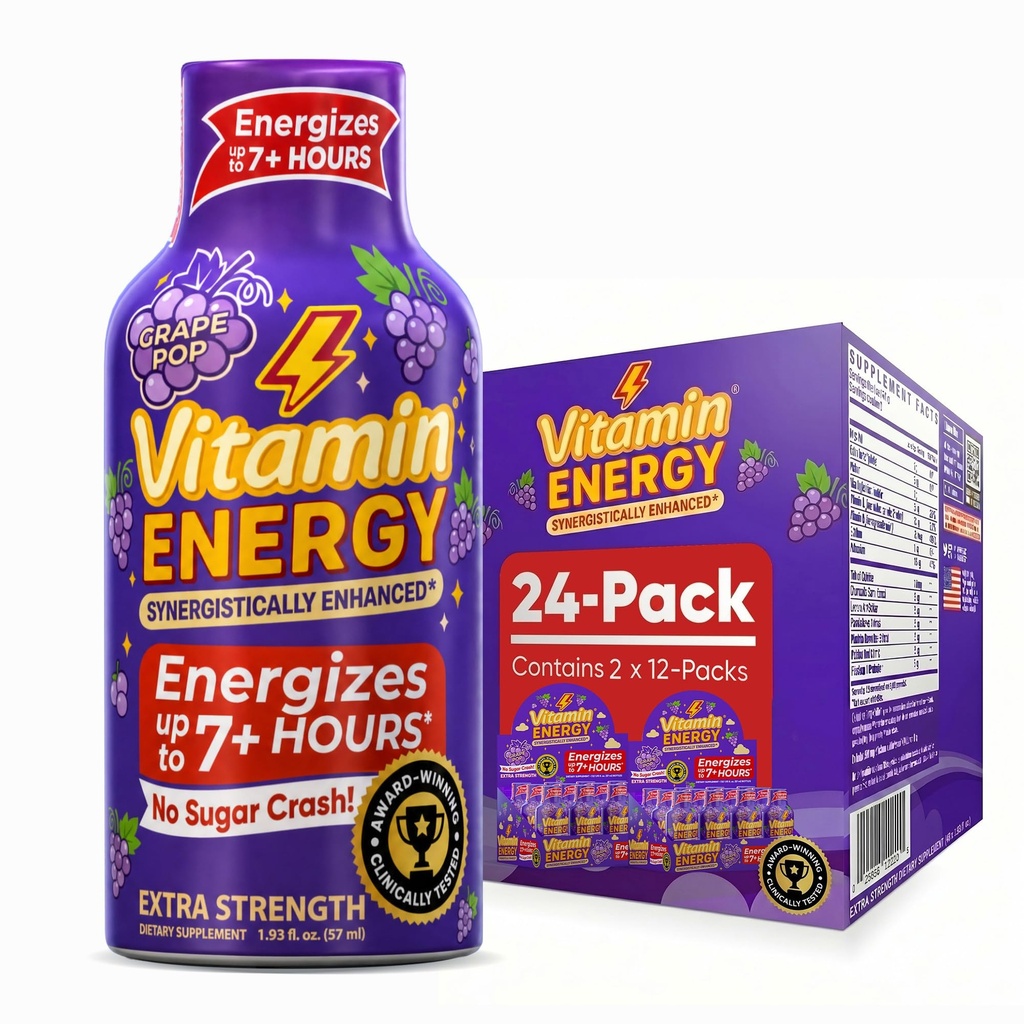 Vitamín Energy Focus+ Extra Strength Energy Shot Grape 24 Pack, 260mg Natural Caffeine, B- Vitamins, CoQ10, Amino Acids, Focus, Produktivita a jasnosť, Zero Sugar, Gluten-free, 1,93 fl oz