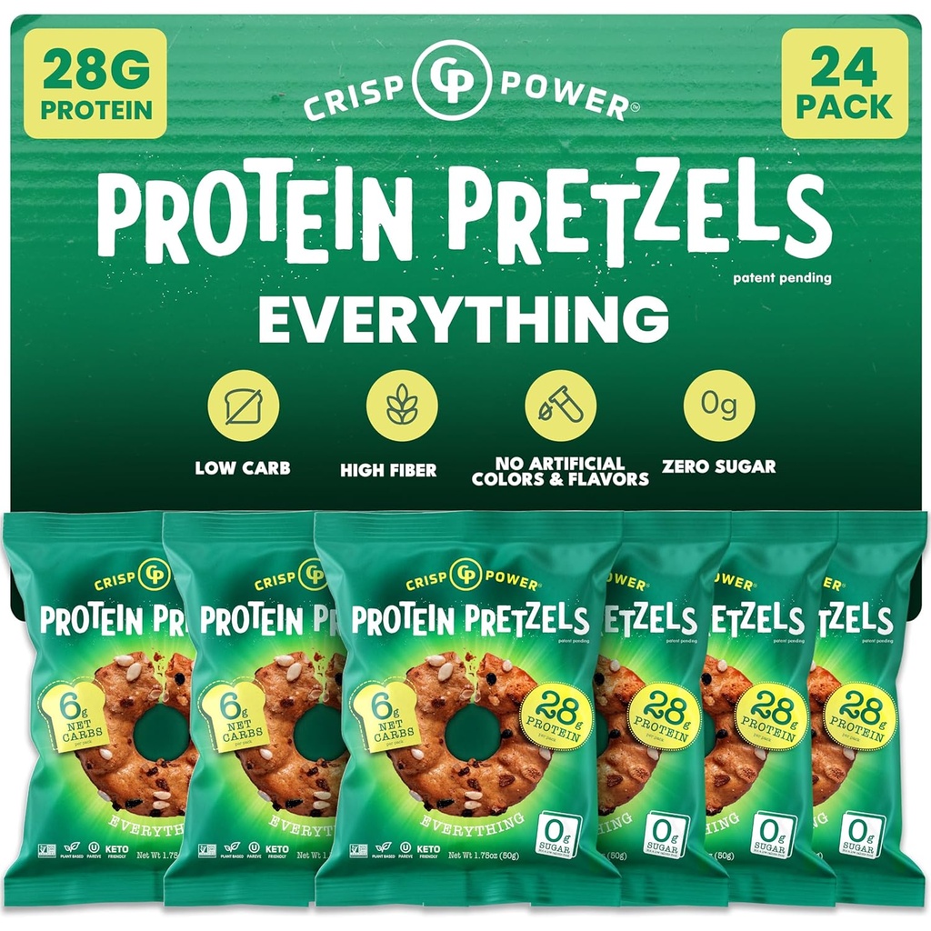 Crisp Power Protein Praclíky, Všetko, High Protein Vegan Keto Snack, 28 G Plant Based Protein, Low Carb Crunchy Pretzel Snacks, Sugar Free, No Seed Oils, 1.75 oz Bags, 24 Balenie