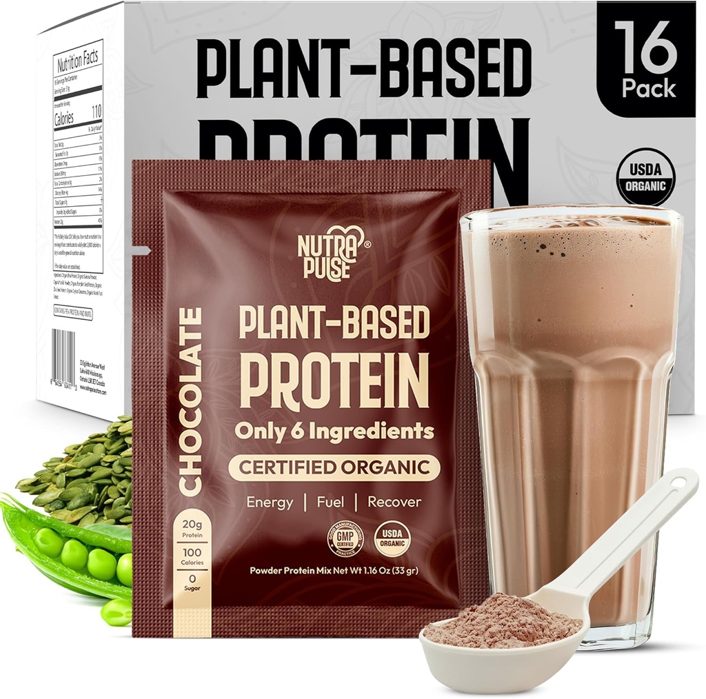 Organický vegánsky proteín prášok Sample Pack - Rastlinné na báze proteínu, Gluten-Free, Non GMO, 20g Protein per Serving, Skvelé pre smoothies & Shakes (Čokolát, Balenie 16)