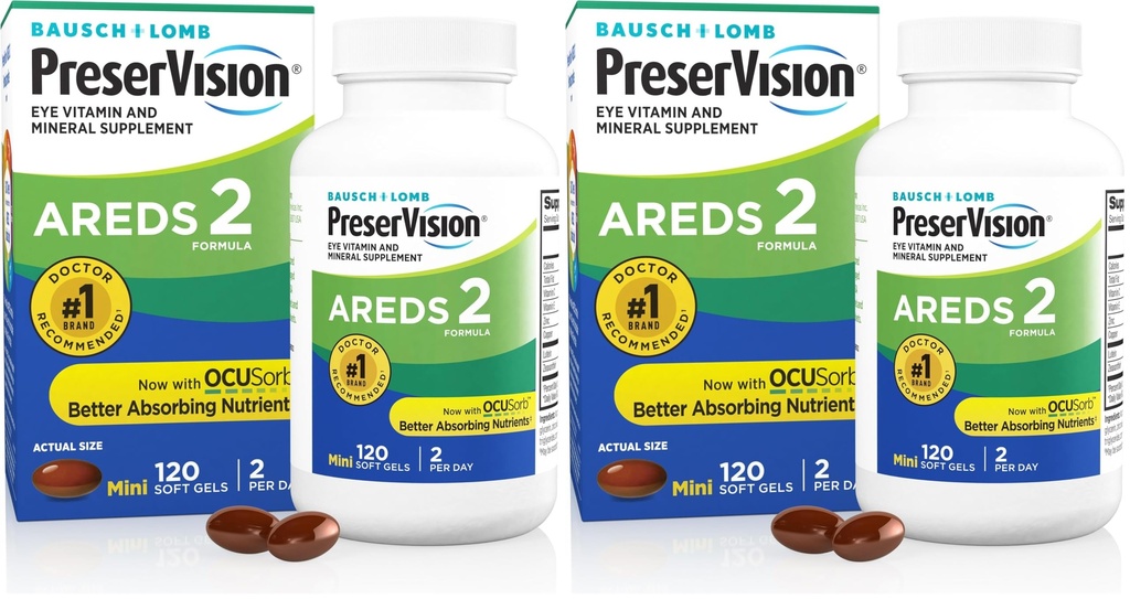 PreserVision AREDS 2 Očné vitamíny a minerály doplnok, Obsahuje luteín, vitamín C, Zeaxantín, Zinok a vitamín E, 120 Softgels (Backaging May Vary) (Back of 2)