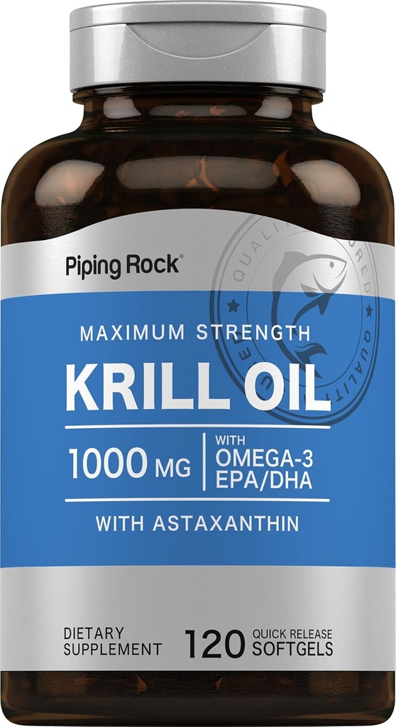 Piping Rock Krill Oil 1000mg Softgels | 120 Count | Omega 3, EPA DHA Supplement | with Astaxanthin | Maximum Strength |Non-GMO, Gluten Free