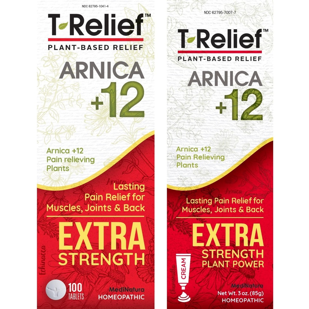 MediNatura T-Relief Extra sila bolesť Relief Arnica +12 Rastlinné bolesti Relievers 100ct Tablety T-Relief Extra sila bolesť Relief 3oz krém Bundle