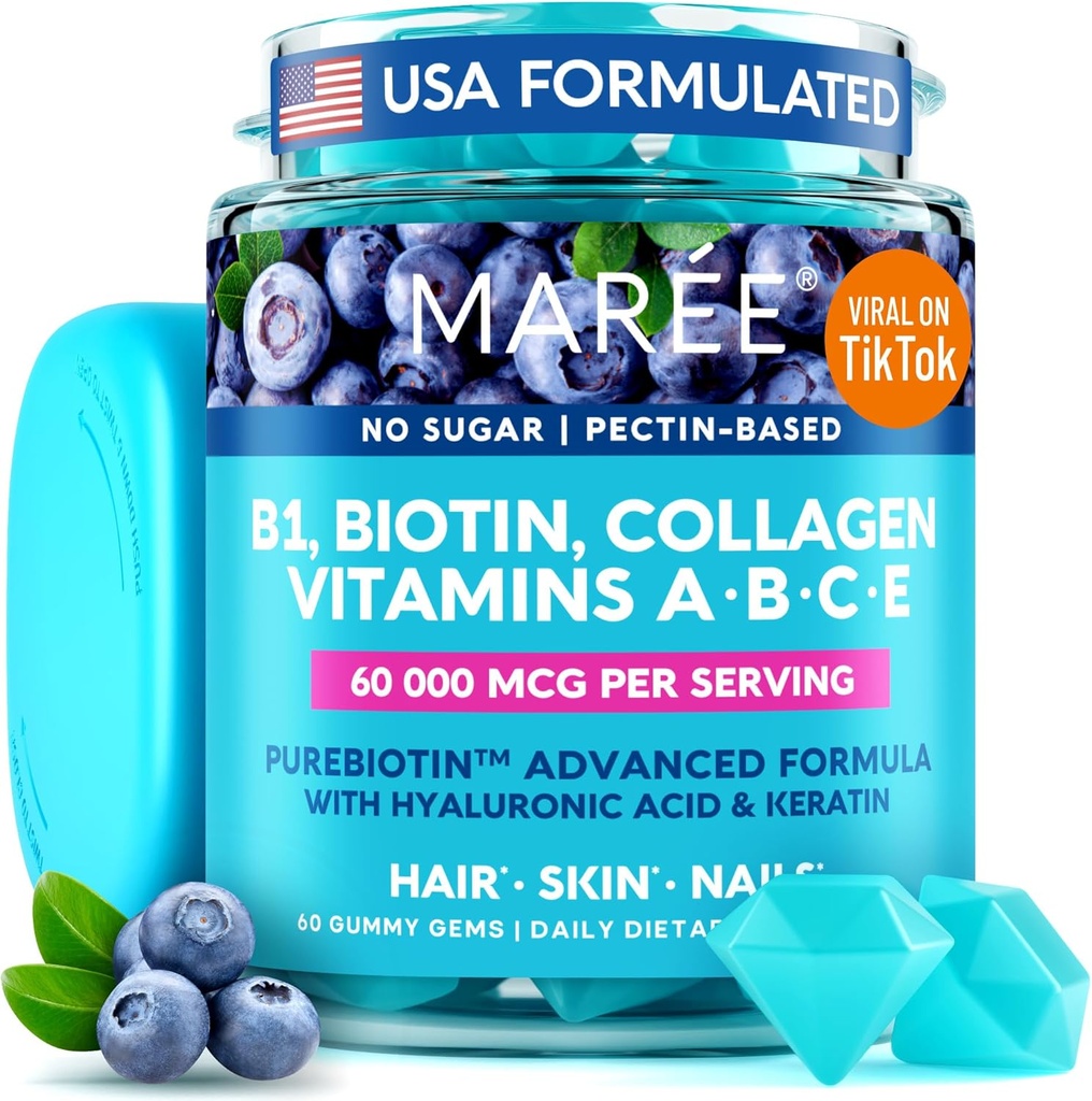 MARE vitamín B1 tiamín a B7 biotínové Gummy - komplex vitamínov E D C s keratínom, kolagénom, hyalurónom a kyselinou pantoténovou pre pokožku, nechty a vlasy