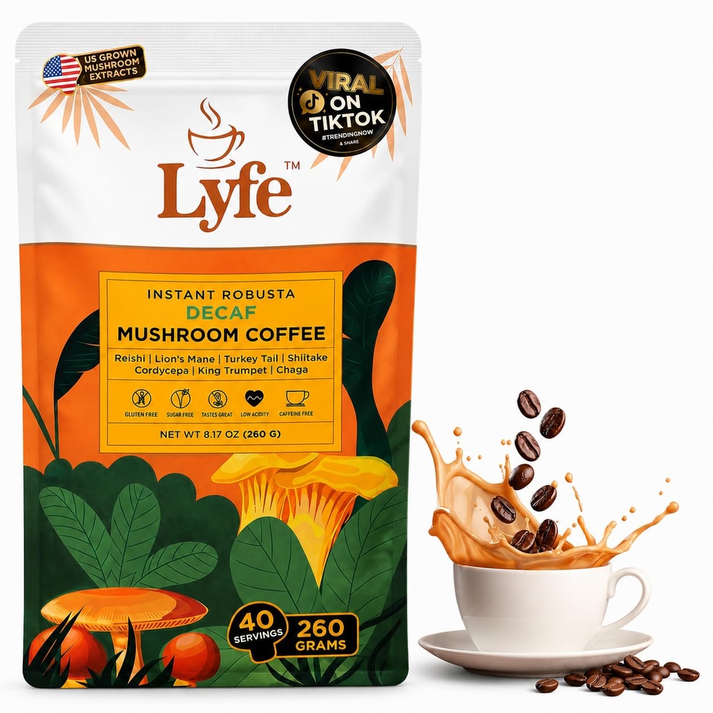 LYFE Organic Instant Decaf Mushroom Coffee, Lion’s Mane, Chaga, Cordyceps, King Trumpet, Reishi, Shitake & Turkey Tail, Adaptogenic Blend for Focus, Calm Energy, Clarity & Daily Wellness, 40 Servings