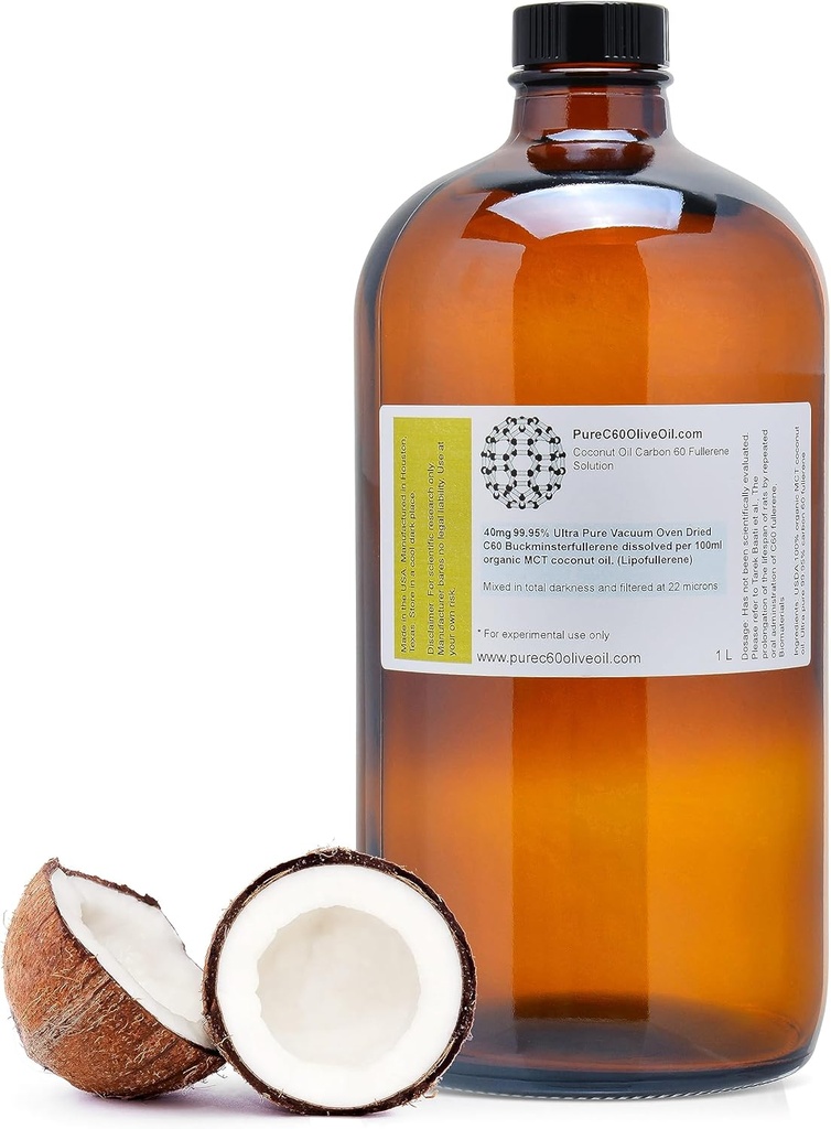 PureC60OliveOil C60 Organic MCT Coconut Oil 1L / 33,8 Fl Oz - 99,95% Carbon 60 Solvent Free 400mg - Amber Glass Bottle - Carbon 60 Coconut Oil - from The Leading Global Producer