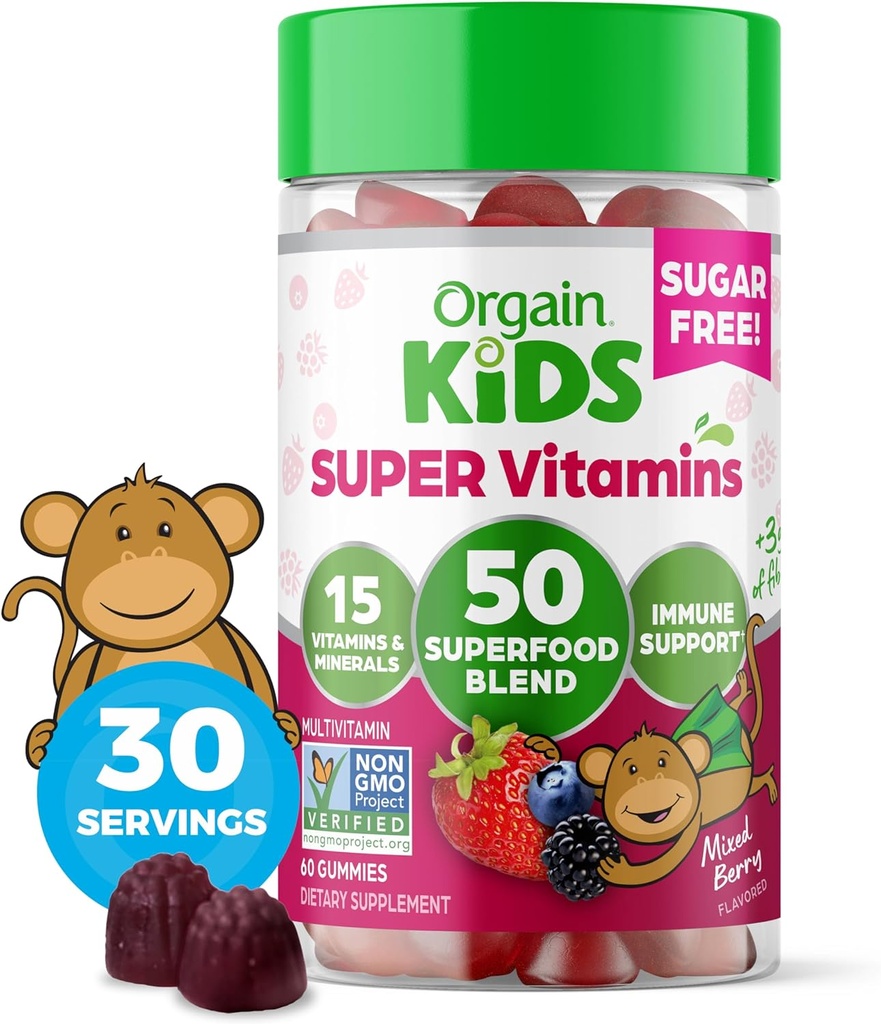 Orgain Kids Cugar Free Multivitamínové Gummies, Vegan & Plant Based, 50 Superfoods, 15 Vitamíny a minerály, Immune Support and 3g Fiber, Mixed Berry, Ages 4+, 1 mesiac dodávky (60 Gummies)