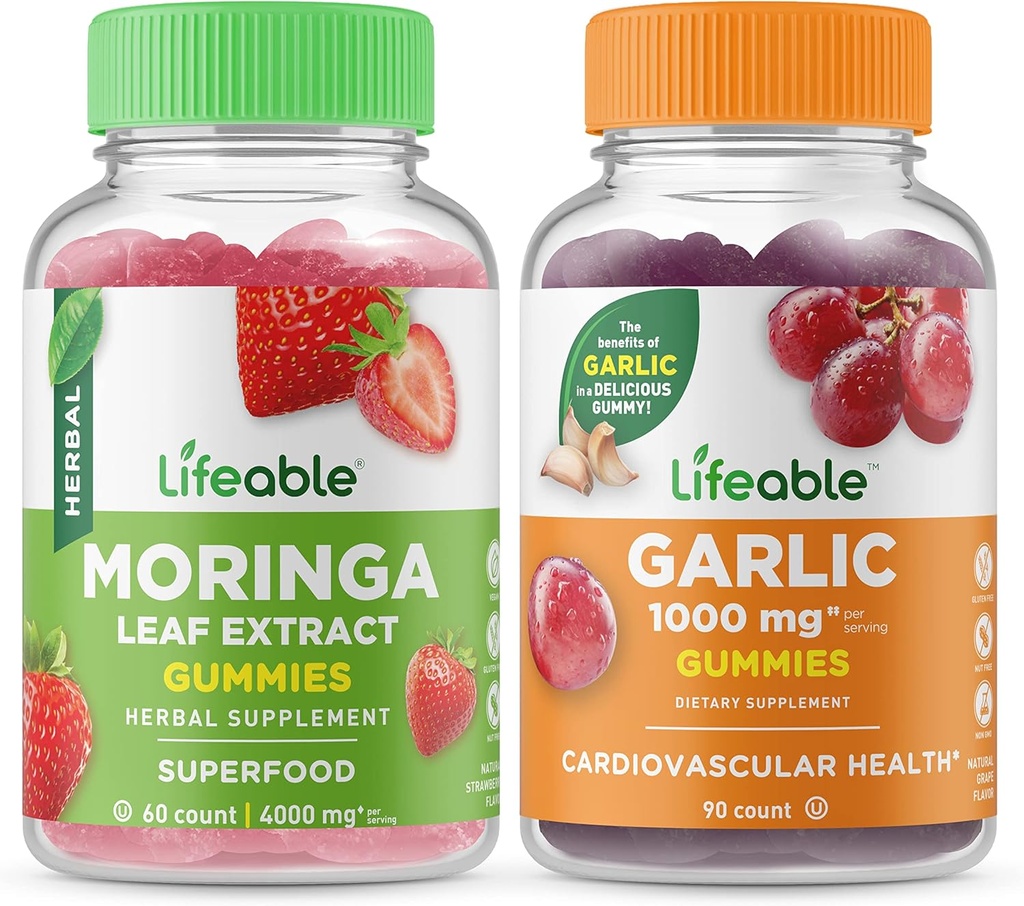 Životaschopné Moringa Leaf + Cesnak 1000mg, Gummies Bundle - veľké ochutnávky, vitamínové doplnky, bez lepku, bez GMO, Žuvacia Gummy