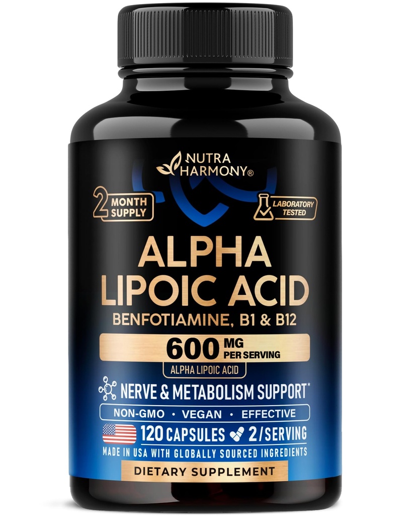 Alpha Lipoic Acid 600mg - ALA Supplement Antioxidant pre Nerve, Energetická a metabolická podpora - Extra sila s Benfotiamínom, B1 & B12 - Lab tested, non-GMO & Vegan - 120 Kapsule, 2 mesiace dodávky