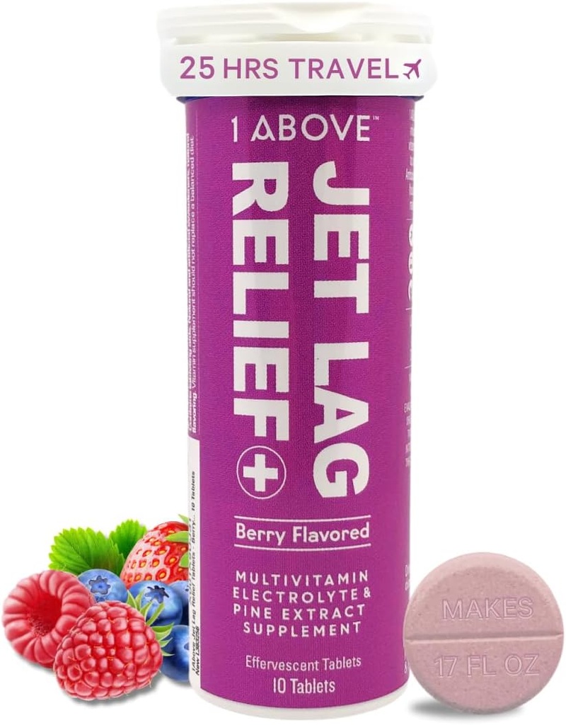 1Above Jet Lag Relief Tablety - Berry-Flaved Effervescent Multivitamín s Pycnogenol Cestovanie doplnok pre hydratáciu, energiu, imunitnú podporu a rýchlejšie zotavenie - letu Essential, 10 tabliet