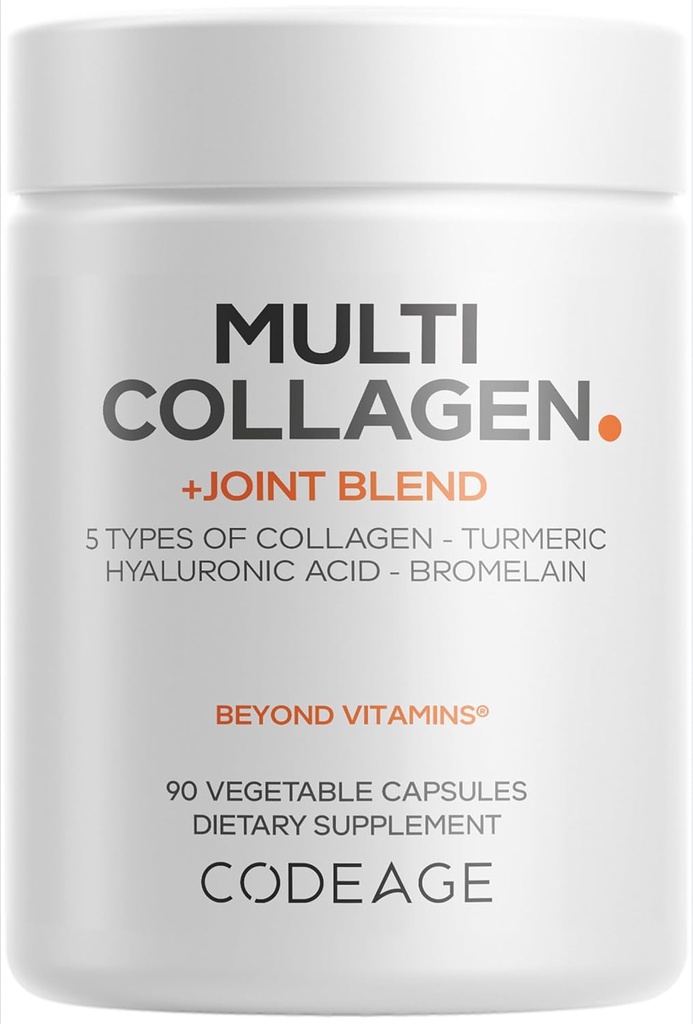Codeage Multicolagen Protein + Joint Blend Supplement, Hyaluronic Acid, Hypromelain, Turmerica, Ginger, Boswellia, Astaxantin - Hydrolyzed Bovine Collagen - 5 Kolagen Typy - non- GMO - 90 Kapsule
