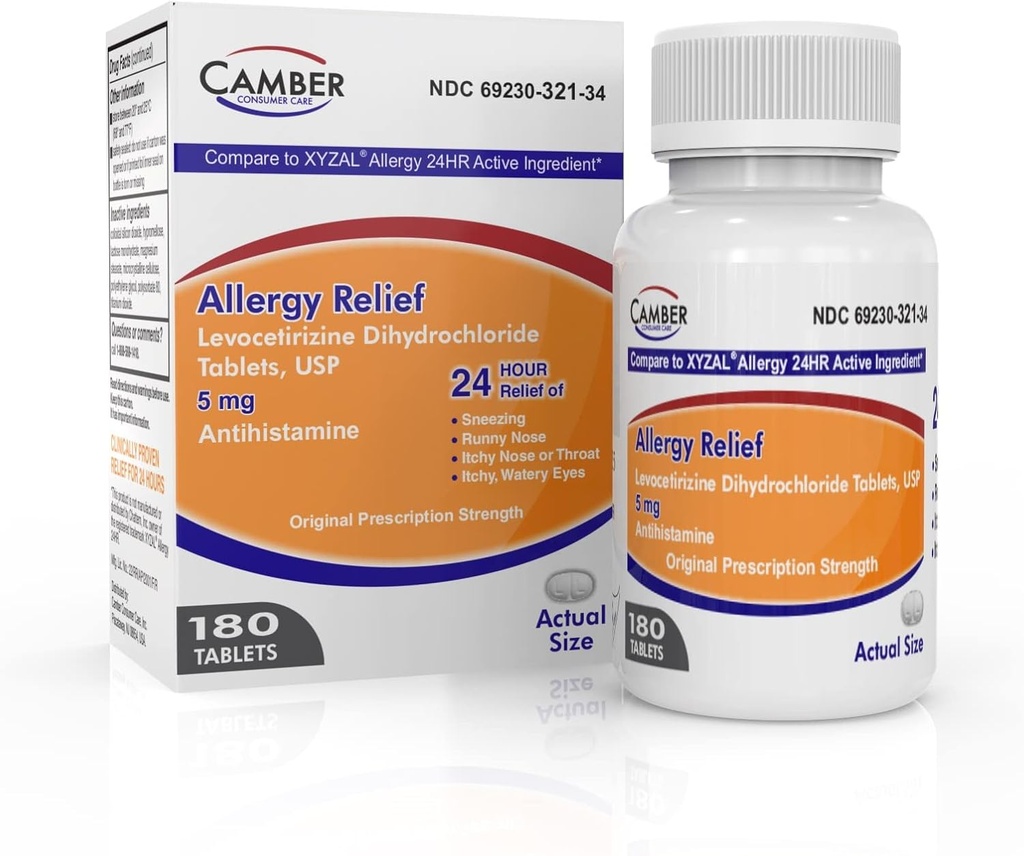 Camber Consumer Care Levocetirizín Dihydrochlorid 5 mg Antihistaminiká Tablety, liek na zmiernenie alergií (180 Počet)