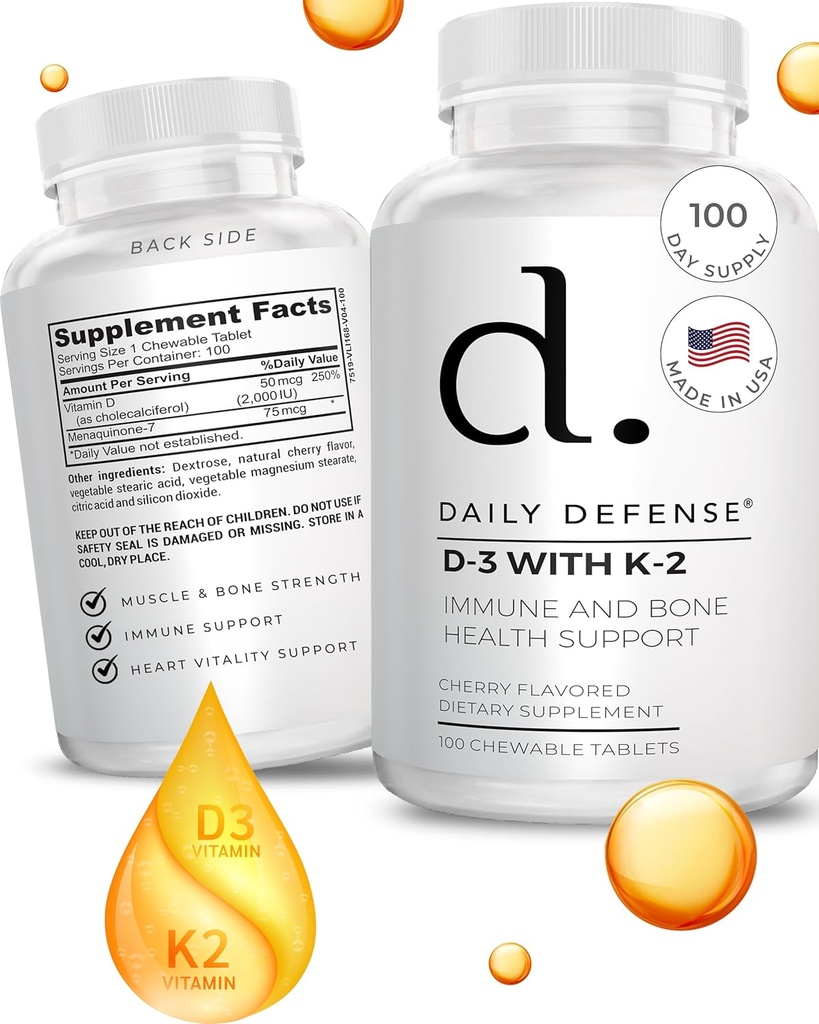 Imunitná obrany Doplnky Vitamín D3 K2 2000IU pre zdravie srdca, Denná imunitná podpora, Duševná jasnosť, & svalová funkcia - 100 žuvacie tablety