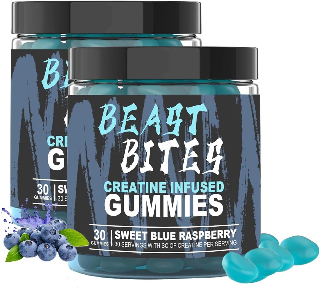 DYALE Beast Bites Creatine Bites - 5g Monohydrát kreatinínu na podanie - bez cukru alebo umelých farieb - Nízkokalórie, Vegan a Halal - Modrá malinová príchuť - 30 Gumies (2ks)