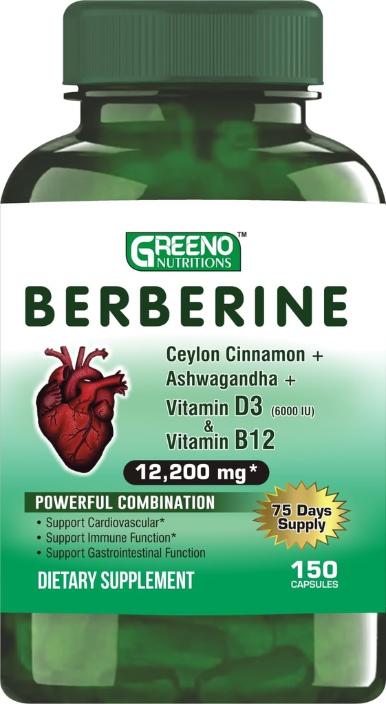 Berberine 12200mg s Ceylon škorica Ashwagandha Vitamín D13 + Vitamín B12 Immune Heart Support - 75 dní Zásobovanie -150 Počet (Obsah 1)