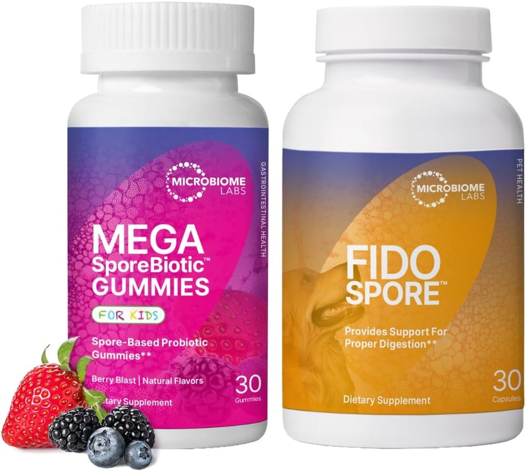Microbiome Labs Kids & Pet Probiotic Bundle - MegaSporeBiotic for Children + FidoSpore Spore Based Probiotics for Dogs and Cats