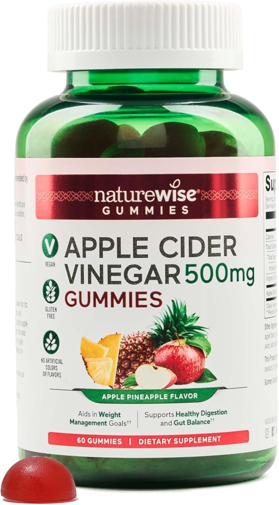 NatureWise Apple Cider Ocogar Gummies - 1000mg ACV per 2 + Vitamín B12 - Pektín Based Vegan, Gluten-Free, Non-GMO - 60 Počet[30-Day Supply for 1000mg or 2-Month Supply for 500mg]